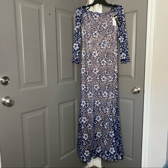 🥂🍾 Xscape New Sparkle / Lace Overlay Formal Dress Navy White Silver 6 - Picture 4 of 17